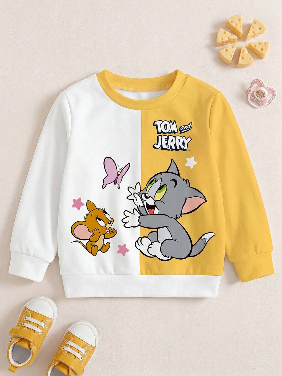 TOM & JERRY X SHEIN Baby Girl Casual Colorblock Cartoon Pattern Crew Neck Sweatshirt, Autumn Fall Winter - White - View 1