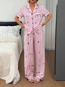 Napfluff Women's Standard Size Striped Star Cake Print Short Sleeve & Long Pants Pajama Set, Asian Cute Style, Suitable For Home And Outdoor Wear - Pink - View 6