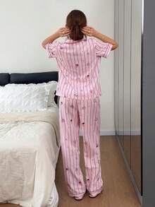 Napfluff Women's Standard Size Striped Star Cake Print Short Sleeve & Long Pants Pajama Set, Asian Cute Style, Suitable For Home And Outdoor Wear - Pink - View 2