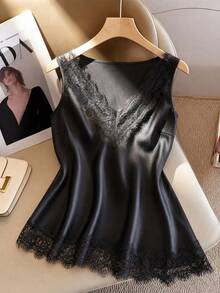 Franclia Plus Size Elegant 70's Sexy Lace Patchwork Tank Top, Black Satin French Style Vest, Suitable For Spring/Summer Commuting Evening Dating Party Night - Black - View 1
