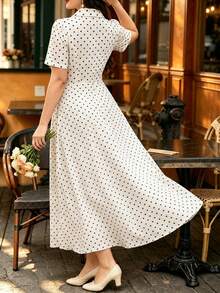 Auvina Plus Size Polka Dot Regular Shoulder Short Sleeve Elegant Summer Casual Dress - Apricot - View 2