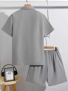 SHEIN 灰色校園風拉鍊聚酯纖維輕量透氣經典易打理套裝，適合運動、婚禮、外出、度假派對、假期、春/夏 - 灰色 - 查看 2