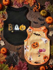 2pcs Pet Cat Dog Universal Halloween Striped Pumpkin Ghost Cartoon Pattern Printed Fashionable, Breathable And Comfortable Dog Vest, PETSIN Original Design - Multicolor - View 1