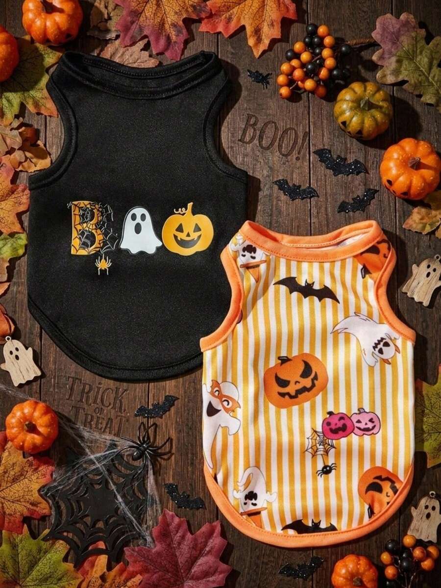 2pcs Pet Cat Dog Universal Halloween Striped Pumpkin Ghost Cartoon Pattern Printed Fashionable, Breathable And Comfortable Dog Vest, PETSIN Original Design - Multicolor - View 1