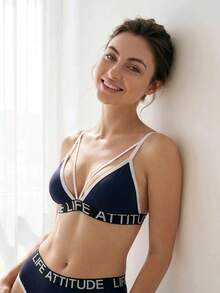 Liftille 1件女款字母印花舒適內衣 - 藍色 - 查看 5