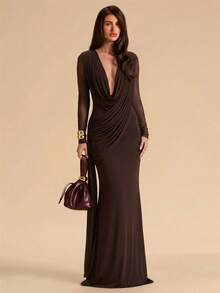 SHEIN BAE Women's Elegant Sexy Solid Color Ruched Mermaid Dress - Brown - View 3