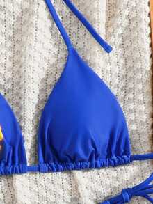 SHEIN Swim 夏季陽光海灘派對字母印花抓皺掛脖綁帶性感比基尼兩件式泳衣套裝 黃色水藍色 - 藍色 - 查看 5