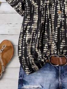 Hourglow Plus Size Summer Casual Shorts Sleeve Allover Print Boho Blouse - Black - View 4