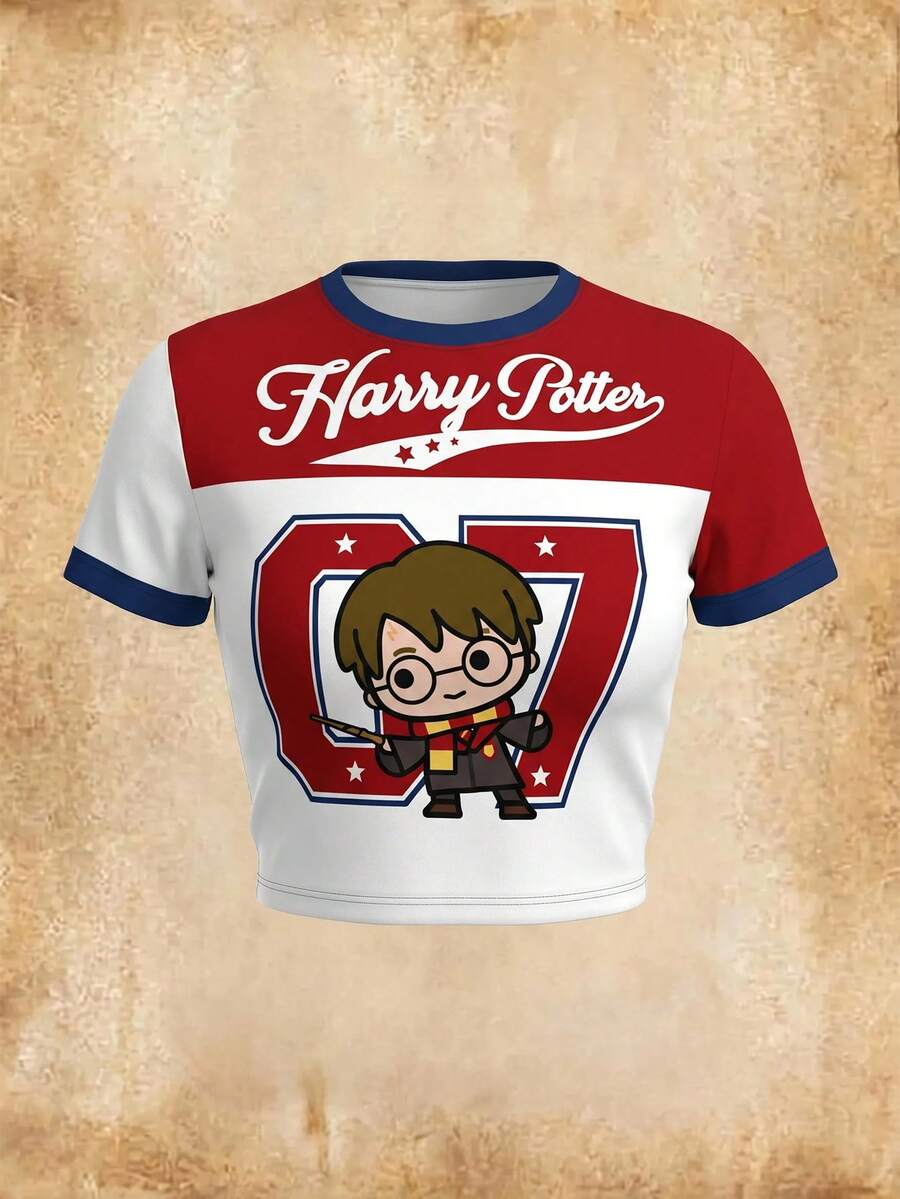 HARRY POTTER X SHEIN 女士休闲字母卡通印花短袖T恤,日常百搭 - 白色 - 查看 1