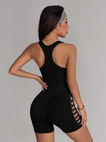 Slayform Slayform Women's Seamless Cut-Out Sleeveless Athleisure Jumpsuit,Figure-Flattering Black Bodysuit - Black - View 2