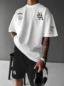 GENIUS ODE 男士字母印花圆领短袖 T 恤和配套短裤两件套，舒适服装 - 彩色 - 查看 1