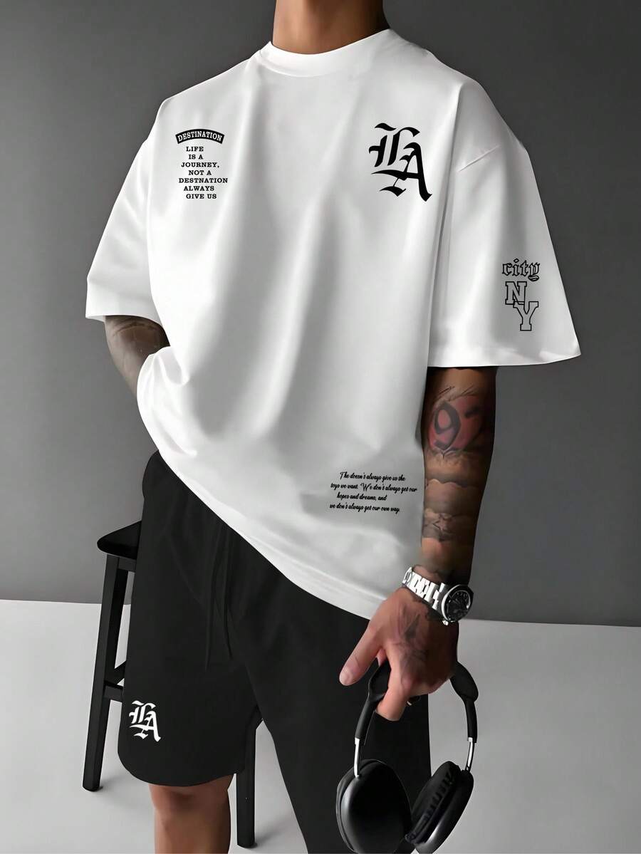 GENIUS ODE 男士字母印花圆领短袖 T 恤和配套短裤两件套,舒适服装 - 彩色 - 查看 1