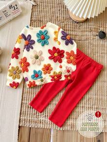 Autumn/Winter Infant & Toddler Girls Fresh Fashion Casual Daily Minimalist Colorful Embroidered Floral Pattern Basic Crew Neck Sweatshirt & Leggings Set - Multicolor - View 2