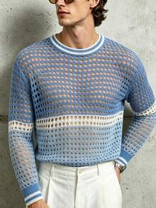 Manfinity Dauomo Men's Colorblock Patchwork Hollow Knit Sweater - Blue - View 2