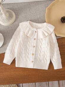 SHEIN Cárdigan casual de punto de color liso con cuello redondo y ribete de volantes para niña bebé - Burdeos - Ver 5