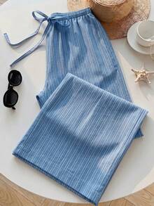 SHEIN EZwear 女款休閒腰部綁帶直筒長褲，適合夏季 - 淺藍色 - 查看 6