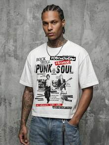 Manfinity ZONE917 Boxy Cropped Street Punk Band Graffiti Newspaper Direct Print White 100% Cotton T-Shirt - White - View 5