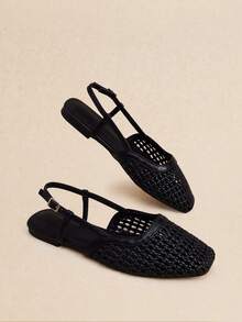 Rosivie 方頭平底女鞋，黑色編織材質，後繫帶 Slingback，休閒度假風，復古波希米亞風，舒適穿著 - 編織黑色 - 查看 9