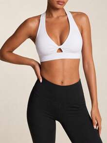 SHEIN BAE 女士纯色扭褶露背休闲日常运动文胸 - 白色 - 查看 3