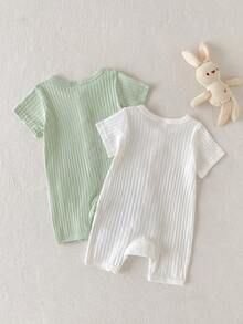 SHEIN Playful Pals 2pcs/Set Newborn Girl Jumpsuit Cute Bow Front Ribbed Short Sleeve Romper Cotton - Green - View 2