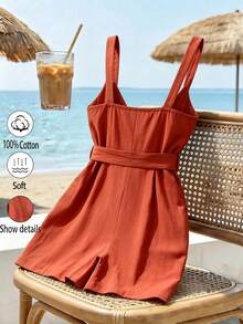 SHEIN LUNE CURVE 大尺碼女款素色腰綁帶休閒日常連身褲 - 鏽棕色 - 查看 2