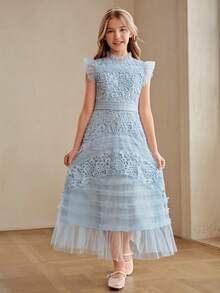 Anewsta Girls' Spring/Summer New Light Blue Lace A-Line Dress, Short Sleeve Tween Girl' Dress - Blue - View 4