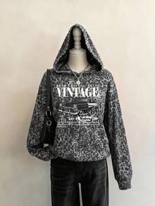 SHEIN EZwear 秋季新款復古老錢風美式復古汽車印花豹紋仿水洗針織水印印花豹紋寬鬆毛茸茸女款衛衣，秋季上衣，適合日常通勤、聚會、秋冬/夏季、聖誕節、新年、感恩節、派對、婚禮、海灘、畢業典禮、優雅、出遊、約會、通勤、情人節、優雅 - 彩色 - 查看 3