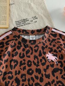 Genkimix Kids 2pcs Young Girl Leopard Print Bow Ribbon Decor Casual Fashion Short Sleeve T-Shirt + Bow Ribbon Decor Casual Fashion Straight Leg Pants - Brown - View 9