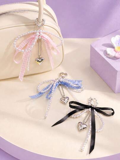 Zazumi 1PC Ins Pearl Beaded Bow Keychain, Plaid Ribbon With 3D Heart Charm, Cute Bowknot Bag Hanging Ornament, Sweet Decorative Key Ring For Handbags Backpacks, Fashionable Daily Accessory For Teen Girls