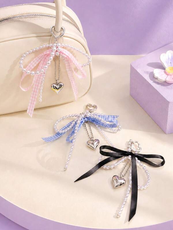 Zazumi 1PC Ins Pearl Beaded Bow Keychain, Plaid Ribbon With 3D Heart Charm, Cute Bowknot Bag Hanging Ornament, Sweet Decorative Key Ring For Handbags Backpacks, Fashionable Daily Accessory For Teen Girls