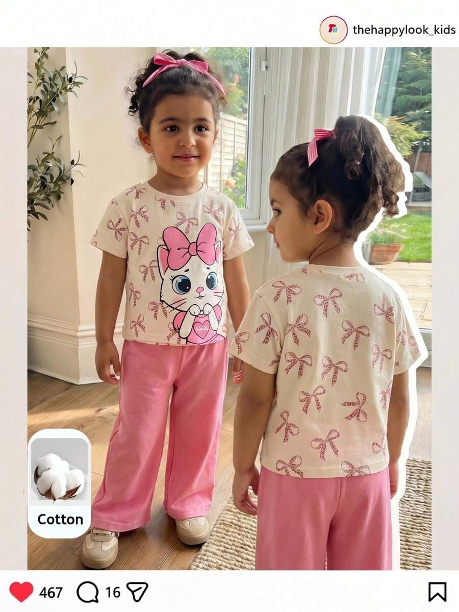 Baby Girls Casual Minimalist Bow Cartoon Graphic T-Shirt Set Suitable For Summer - Multicolor - View 1