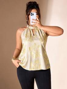 Cravure Women's Plus Size Gold Foil Floral Print Stand Collar Sleeveless Elegant Blouse - Apricot - View 3