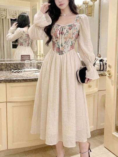 Feyla Robe de vacances pour femme à imprimé floral avec manches cloche et lien à nouer