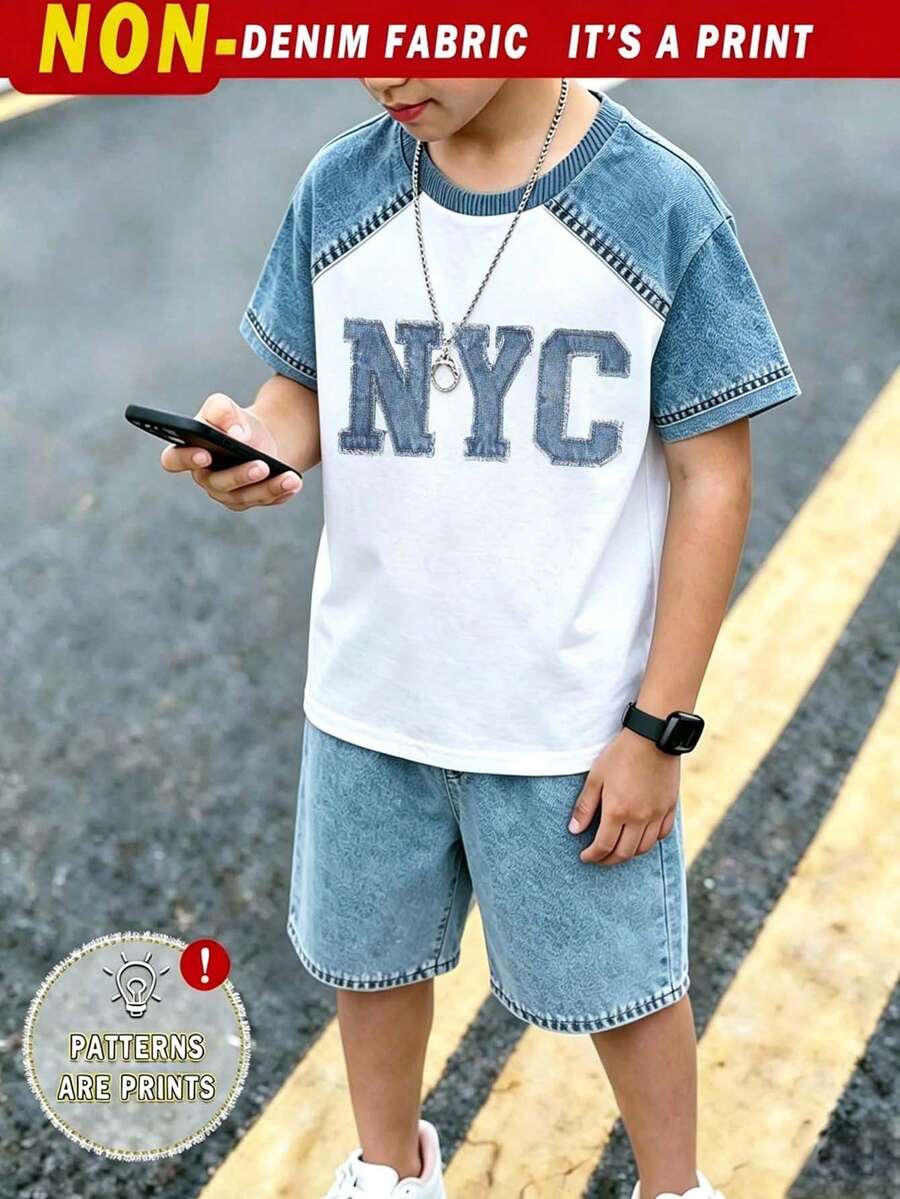 (1 Set) Boys' Fresh Fashion Minimalist New York NYC Patchwork Graphic Basic Short Sleeve T-Shirt And Shorts Set, Summer Daily Outfit - Multicolor - View 1