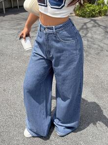 Rivivi Casual Streetwear Washed Wide Leg Denim Jeans School Blue And White Striped Summer - Dark Wash - View 1