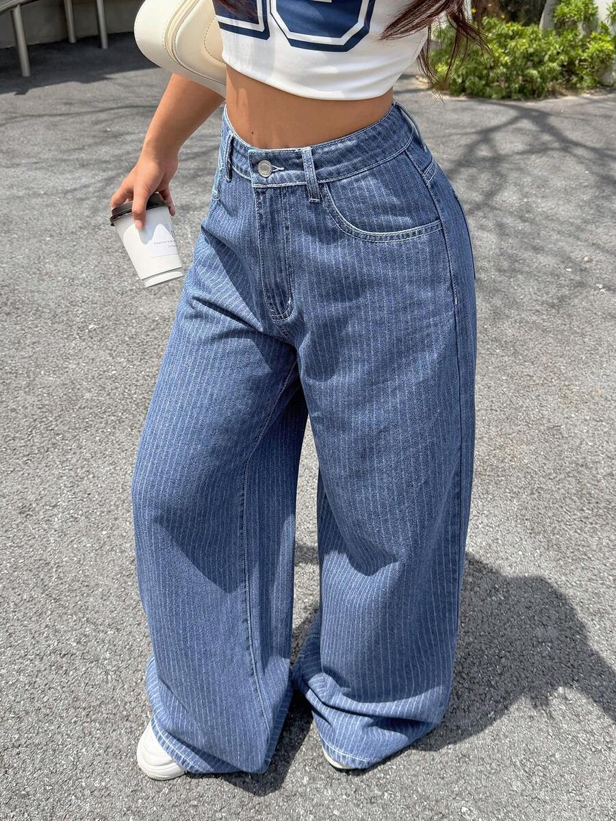 Rivivi Casual Streetwear Washed Wide Leg Denim Jeans School Blue And White Striped Summer - Dark Wash - View 1