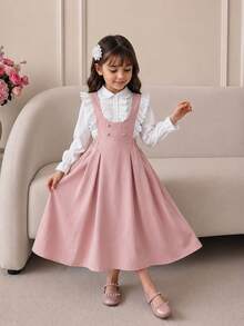SHEIN Girls Arabic Elegant Princess School Uniform Ruffle Lace Blouse & Dress,Back-To-School,Cute,Vacation - Pink - View 7