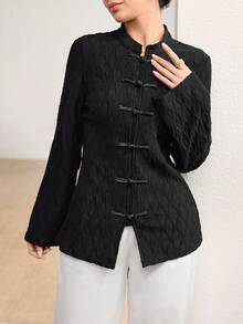 Graceveil Women's Elegant Casual Textured Fabric Frog Button Design Long Sleeve Blouse, Going Out Tops For Women, Autumn New Arrival - Black - View 1