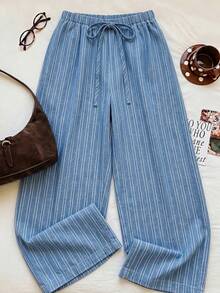 SHEIN EZwear 女款休閒腰部綁帶直筒長褲，適合夏季 - 淺藍色 - 查看 5