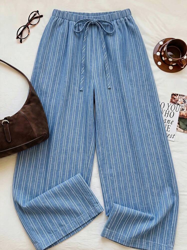 SHEIN EZwear Women's Casual Waist Tie Straight Leg Pants, Suitable For Summer - Baby Blue - View 5
