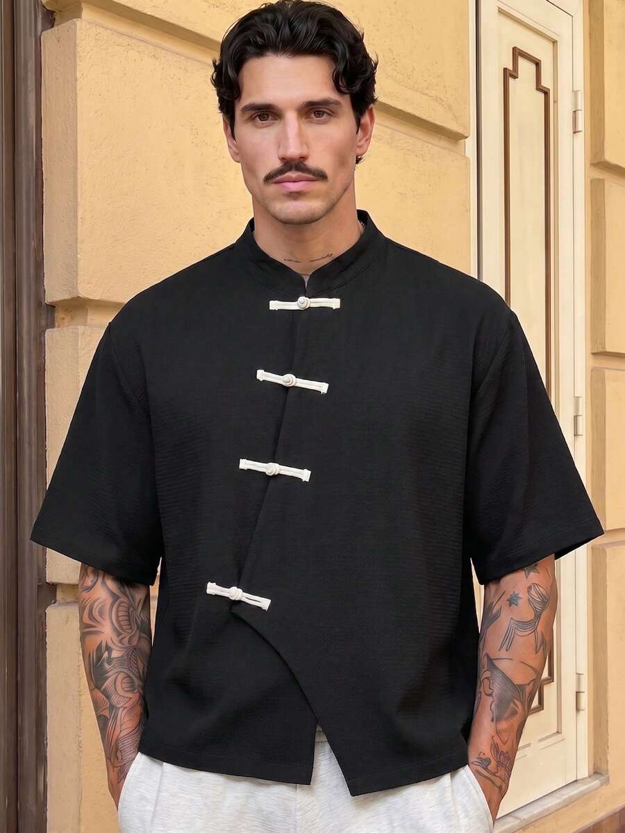 HIMLAND Men's Solid Color Casual Versatile Daily Wear Shirt - Black - View 1
