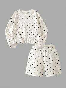 SHEIN Tween Girls Autumn Outfits 2pcs/Set Off-White Polka Dot Print Sweatshirt Mini Set, Loose Round Neck Sweatshirt + Shorts School Student Cute - Beige - View 6