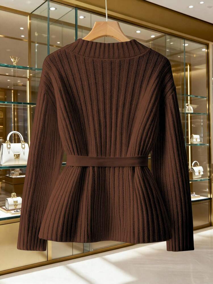 GlowEve CURVE Plus Size Women's Solid Color Waist Tie Casual Everyday Cardigan - Coffee Brown - View 2