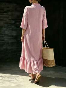 SHEIN LUNE CURVE Plus Size Women's Commute, Casual, Elegant 3/4 Sleeve Ruffle Trim Long Dress, Loose Fit, Crinkle Fabric, Pink, Suitable For Spring/Summer, Easter, Elegant Summer Holiday Outfit - Pink - View 2