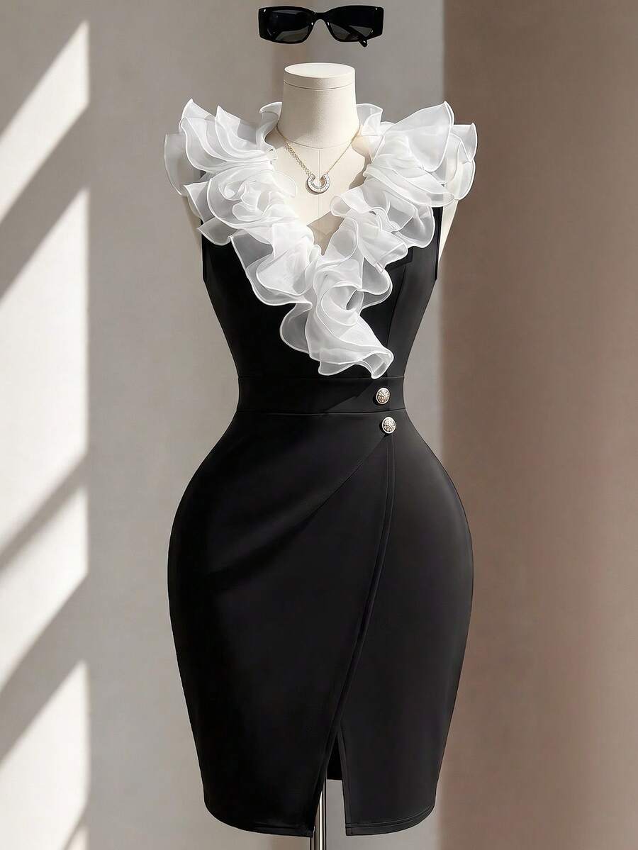 Fine & Folde Women's French Elegant Black And White Gauze Flower Hem V-Neck Tightparty Short Dress, With Sleeves And Front Split,Suitable For Elegant Date Holidays - Multicolor - View 1