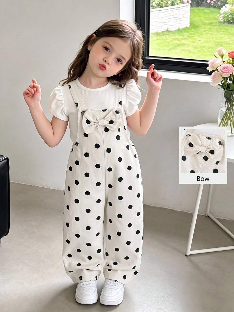 SHEIN Genkimix Kids 少女牛仔吊帶褲,四季新款,時尚甜美復古牛仔米色配黑色波點印花,胸前3D大蝴蝶結設計,時尚直筒寬鬆版型,柔軟舒適面料,百搭日常時尚風格,適合度假及其他場合,四季度假新款少女牛仔吊帶褲 - 白色 - 查看 1