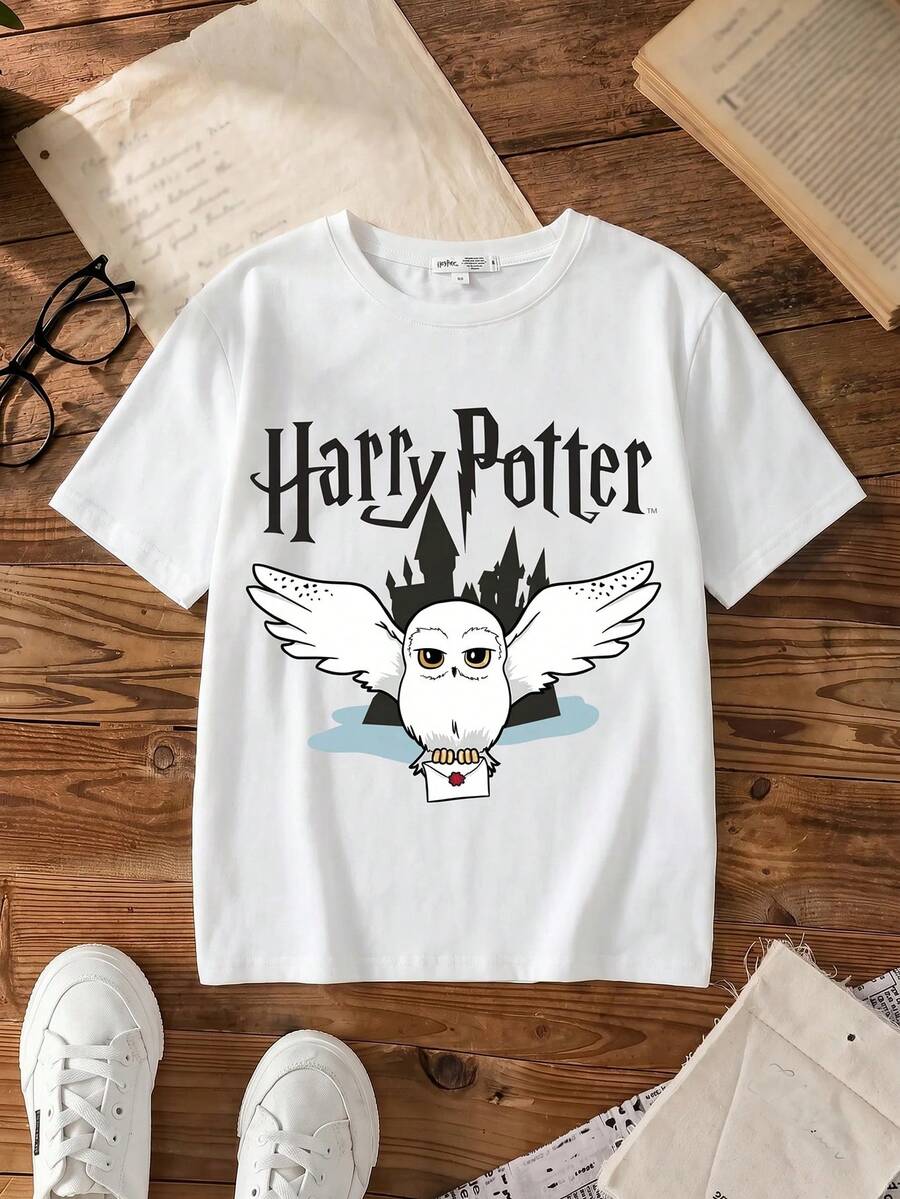 HARRY POTTER X SHEIN Tween Girl 休闲字母与猫头鹰印花短袖 T 恤,夏季 - 白色 - 查看 1