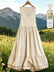 EMERY ROSE Women's Solid Color V-Neck Sleeveless Midi Casual Dress, Summer - Apricot - View 8
