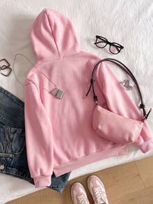 SHEIN 1件女童軟綿可愛甜美風粉色連帽衛衣，柔軟面料，寬鬆版型，舒適穿著，正面印花臘腸犬幼犬圖案，連帽內裡藍白條紋滿版印花配同款幼犬圖案，羅紋袖口與下擺，簡約百搭日常穿著，校園穿搭，中厚度，秋冬款 - 粉色 - 查看 2