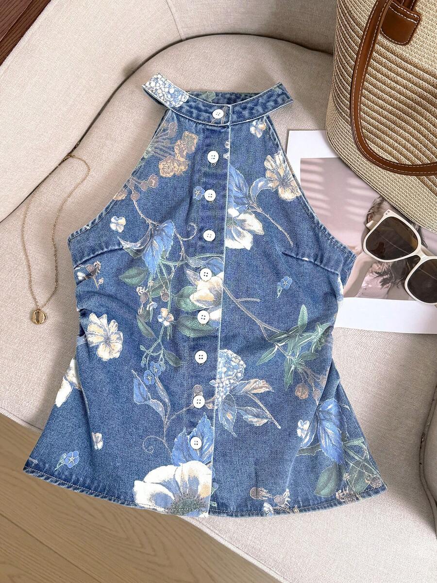 SHEIN MOD 大尺碼花卉印花掛脖牛仔上衣 - 中等水洗藍 - 查看 1